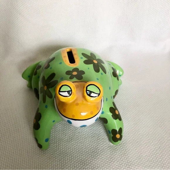 Ganz ceramic green frog piggy bank flowers polka dots EUC hand painted - Picture 8 of 14